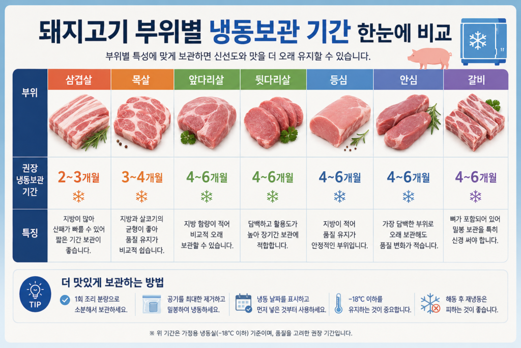 돼지고기 부위별 냉동보관 기간 비교
