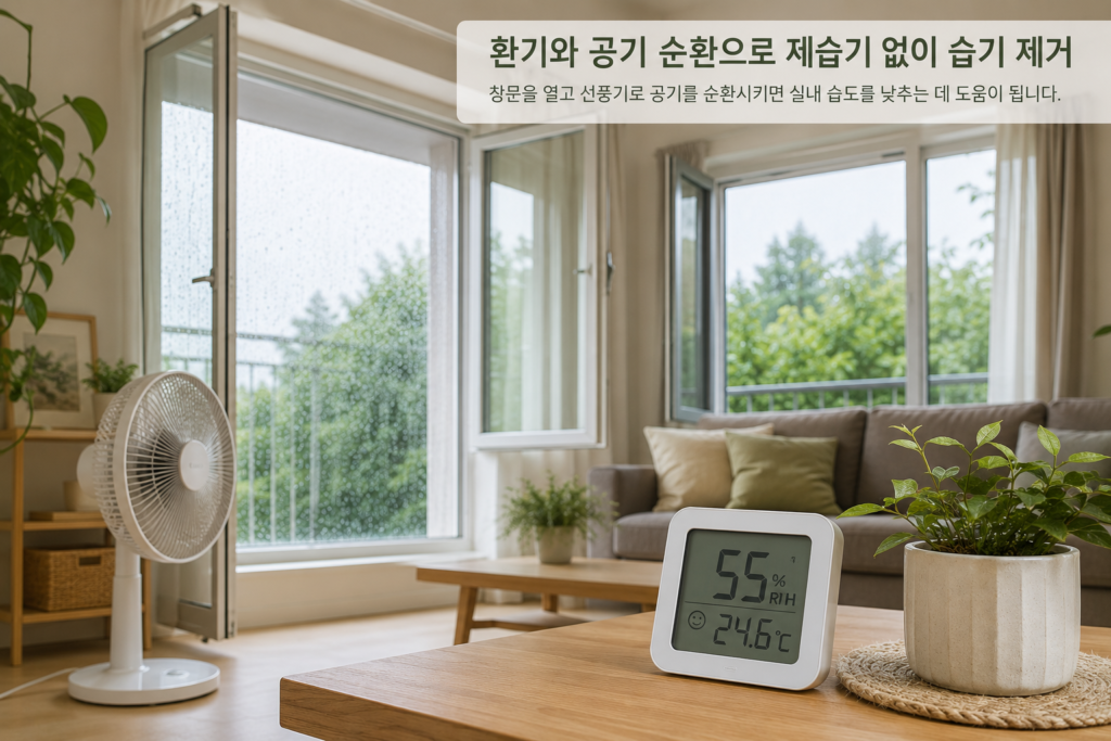 제습기 없이 습기 제거를 위한 환기와 선풍기 사용