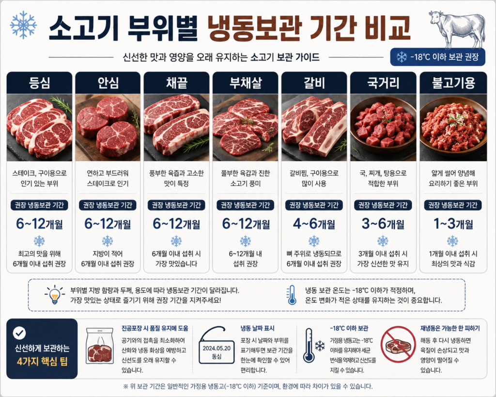 소고기 냉동보관 부위별 기간 비교