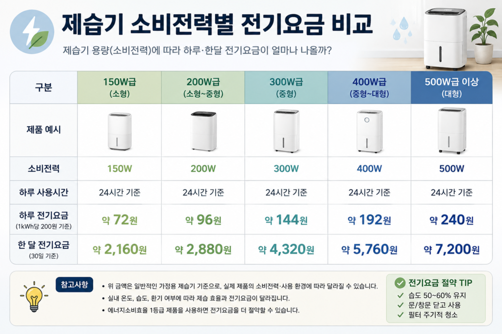 제습기 소비전력별 전기요금 비교