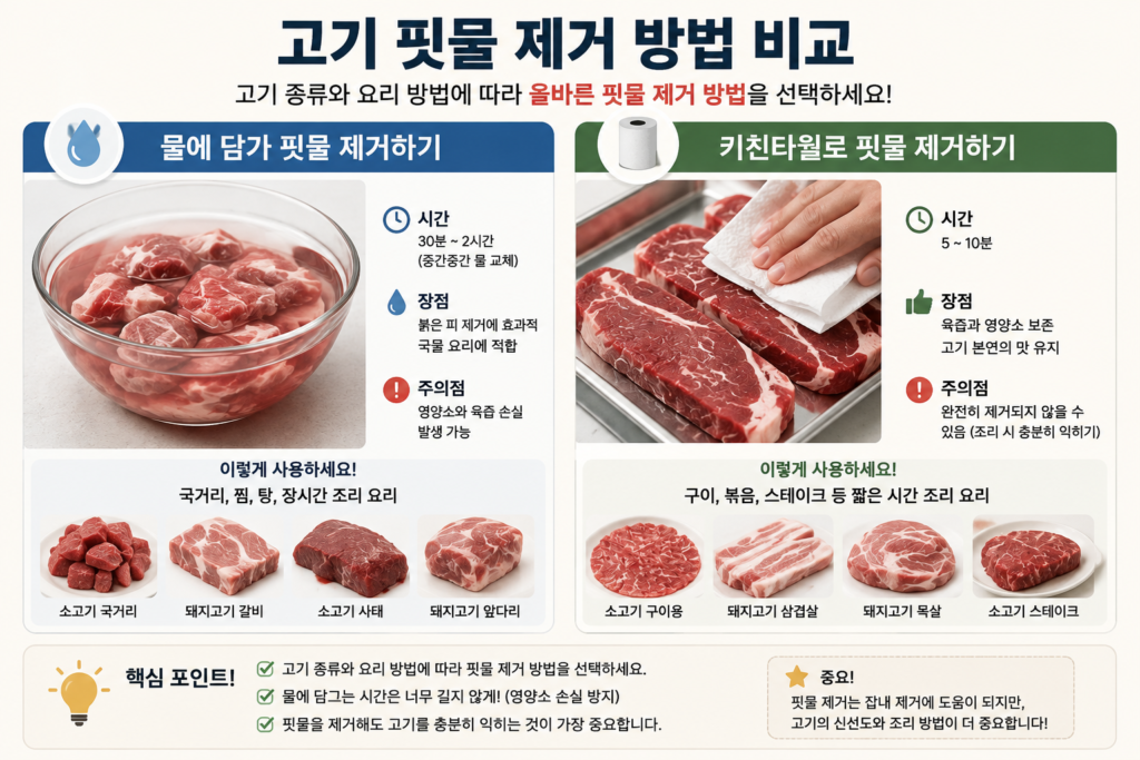 고기 핏물 제거 물에 담그기와 키친타월 비교