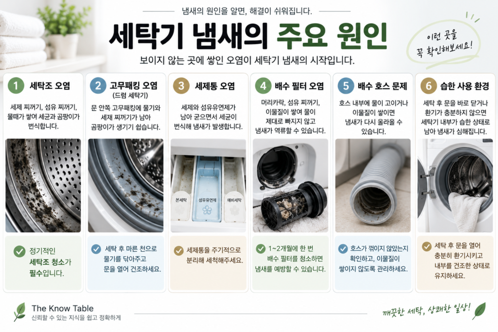 세탁기 냄새 주요 원인 세탁조 고무패킹 세제통 배수필터