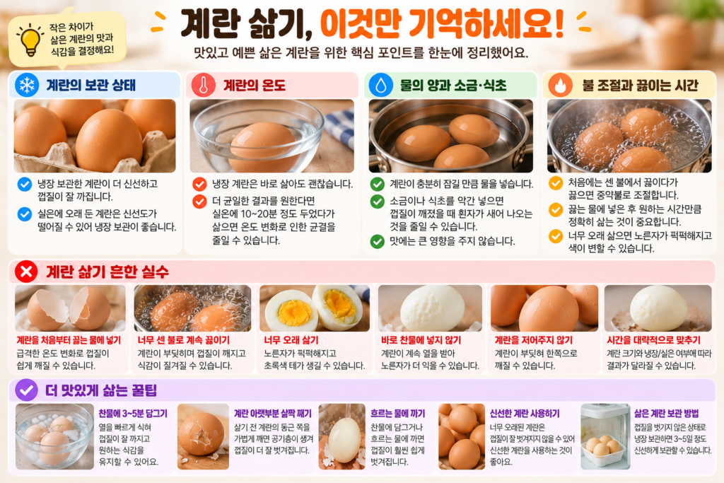 계란 삶는 시간 조절에 영향을 주는 계란 온도와 크기, 삶기 실수 및 냉장 보관 방법