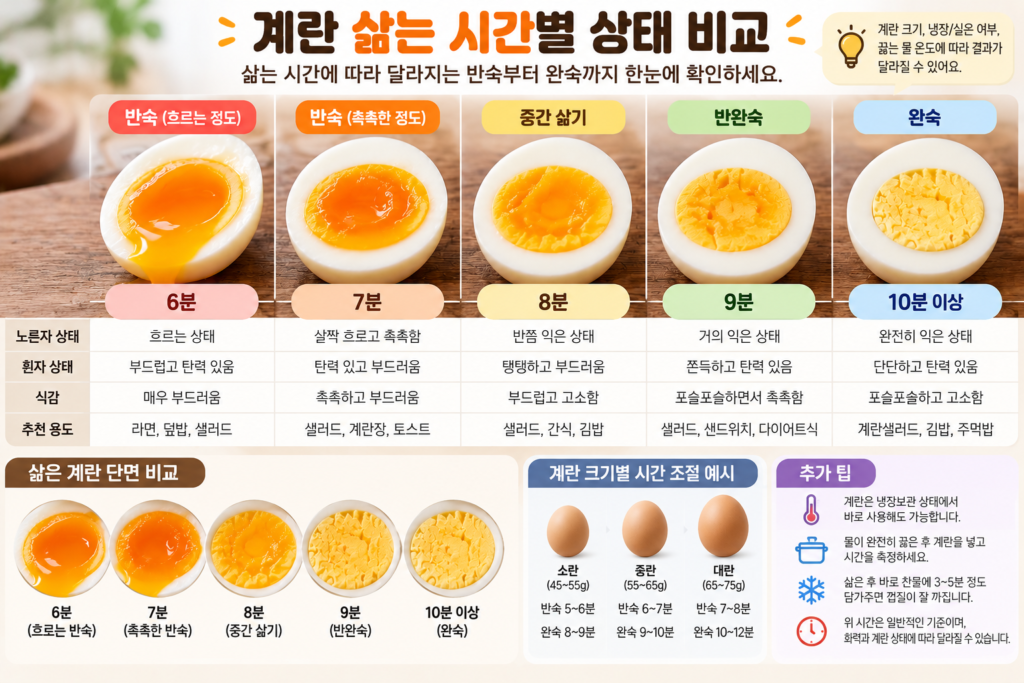 계란 삶는 시간 6분부터 12분까지 반숙 완숙 노른자 상태 비교