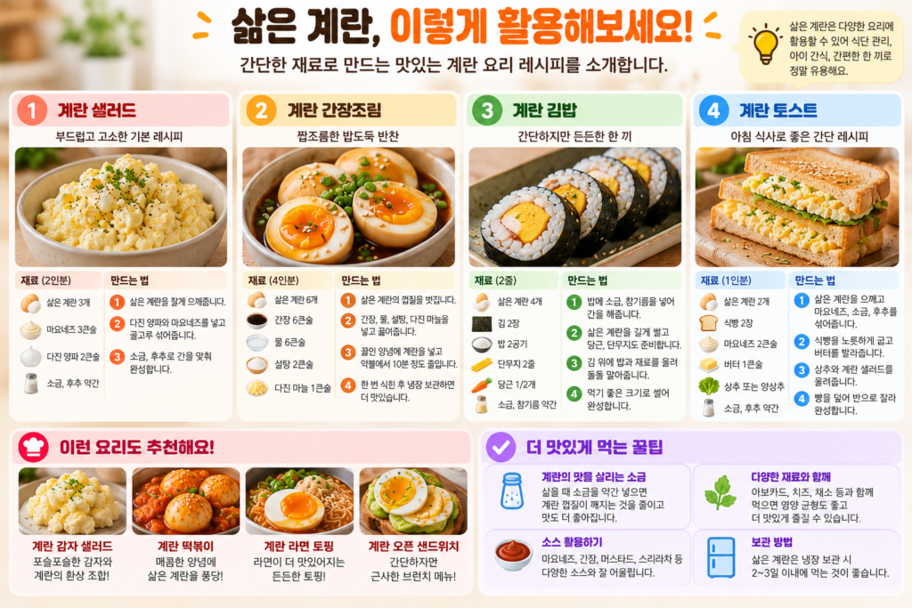 계란 삶는 시간에 따라 완성한 삶은 계란으로 만드는 샐러드 간장조림 김밥 토스트 레시피