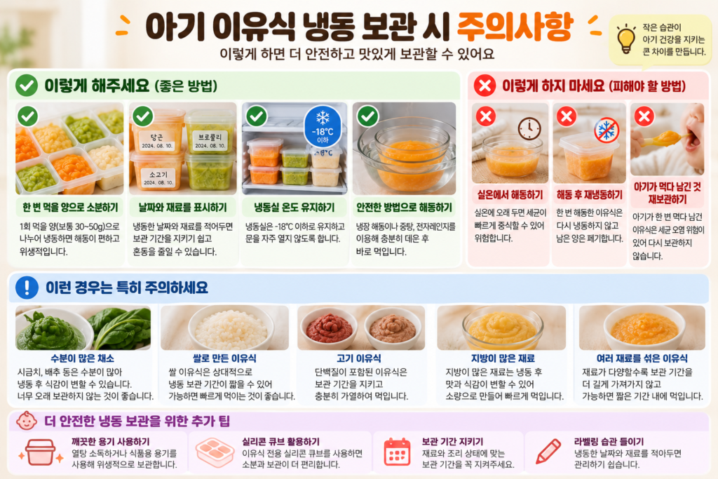 아기 이유식 냉동 보관 방법 재냉동 금지와 남은 이유식 처리 등 안전 주의사항